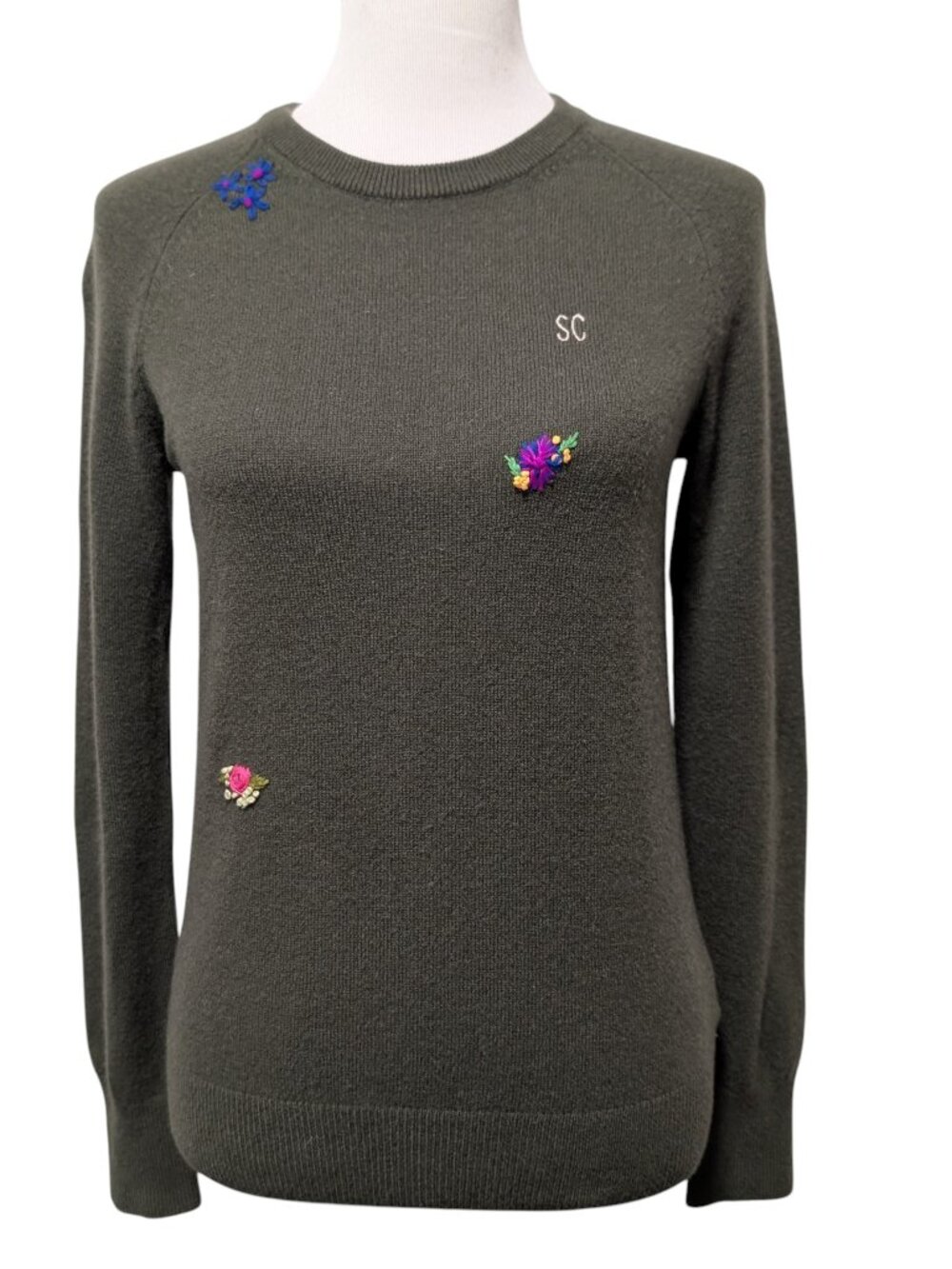Equipment Femme Womens Sz M Olive Green Cashmere Floral Embroidered Sweater Flaw